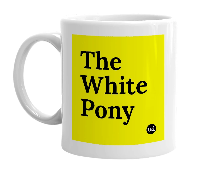 White mug with 'The White Pony' in bold black letters