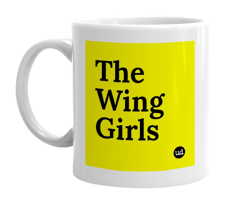 White mug with 'The Wing Girls' in bold black letters