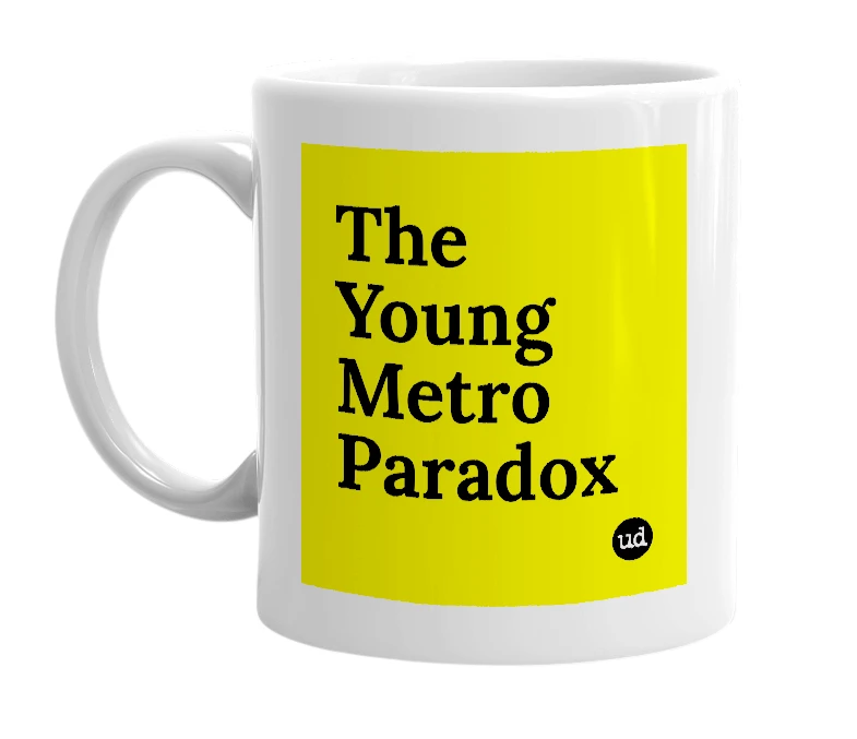 White mug with 'The Young Metro Paradox' in bold black letters