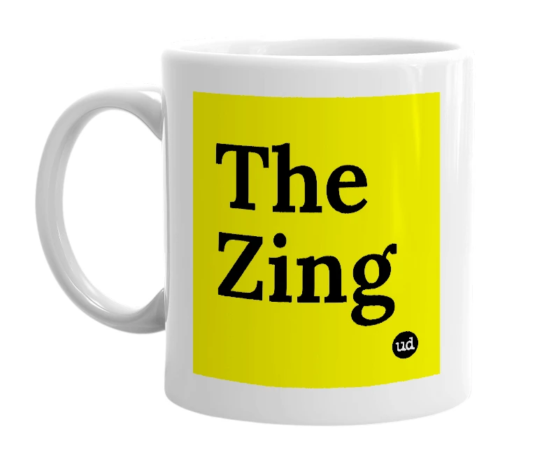 White mug with 'The Zing' in bold black letters