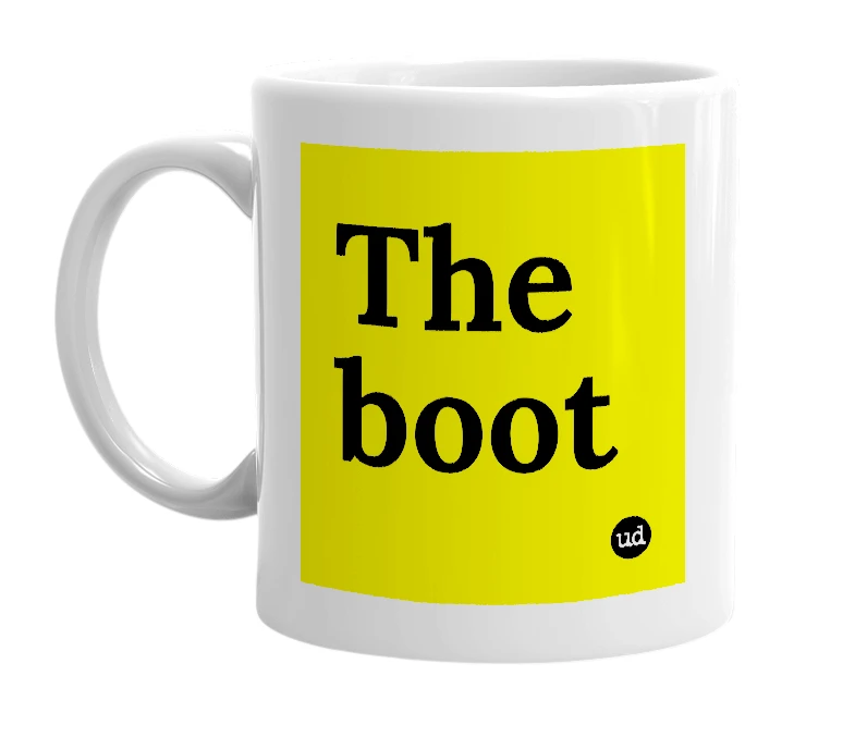 White mug with 'The boot' in bold black letters