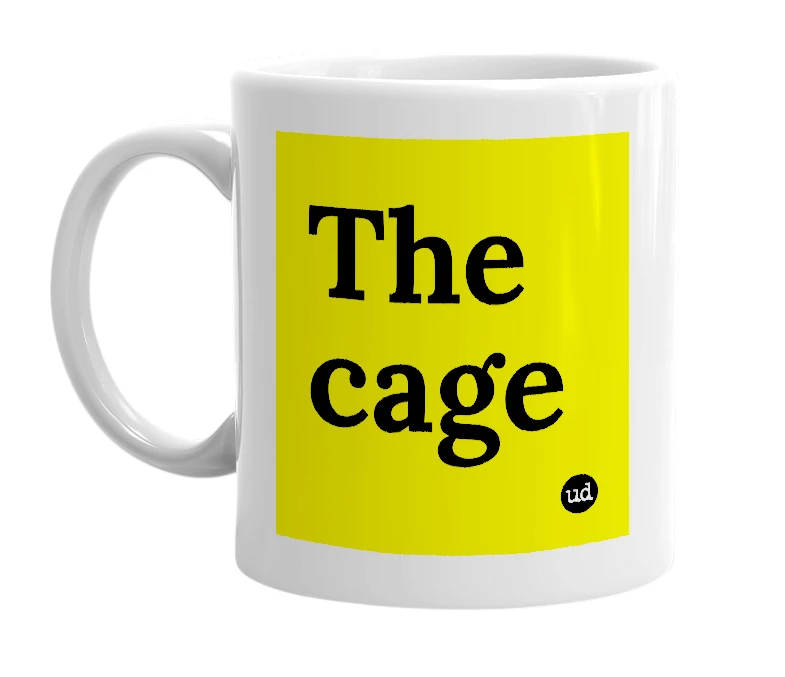 White mug with 'The cage' in bold black letters