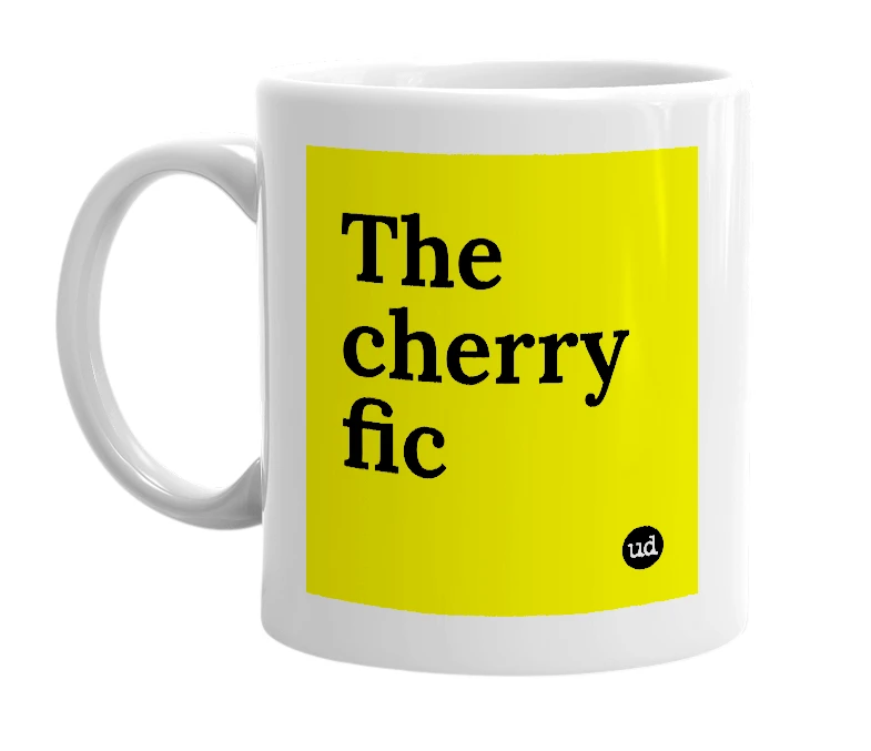White mug with 'The cherry fic' in bold black letters