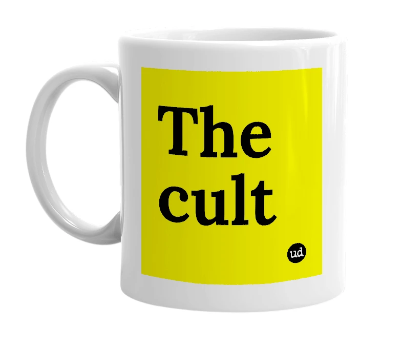 White mug with 'The cult' in bold black letters