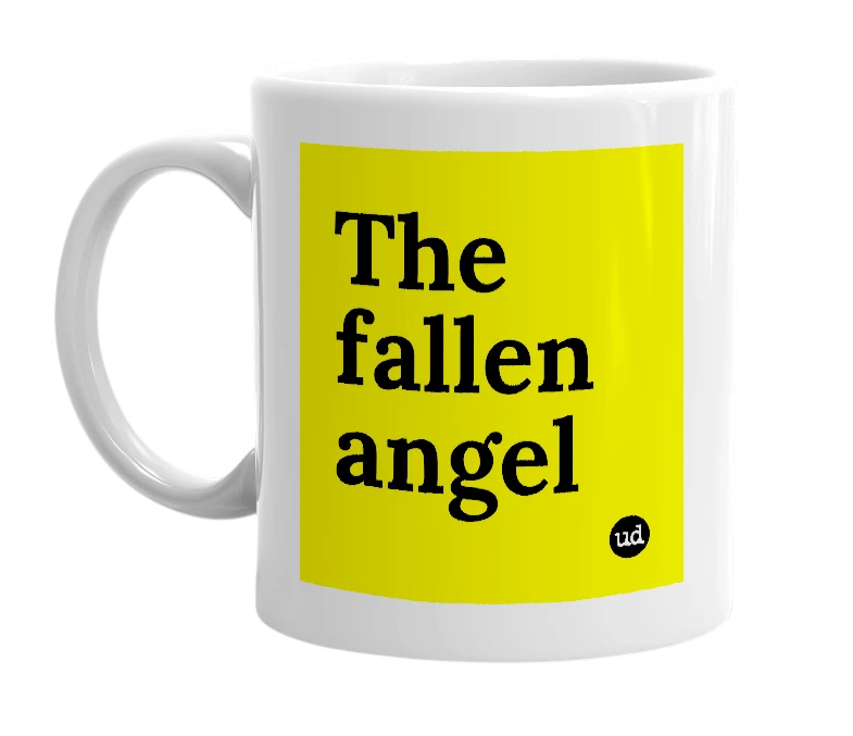 White mug with 'The fallen angel' in bold black letters