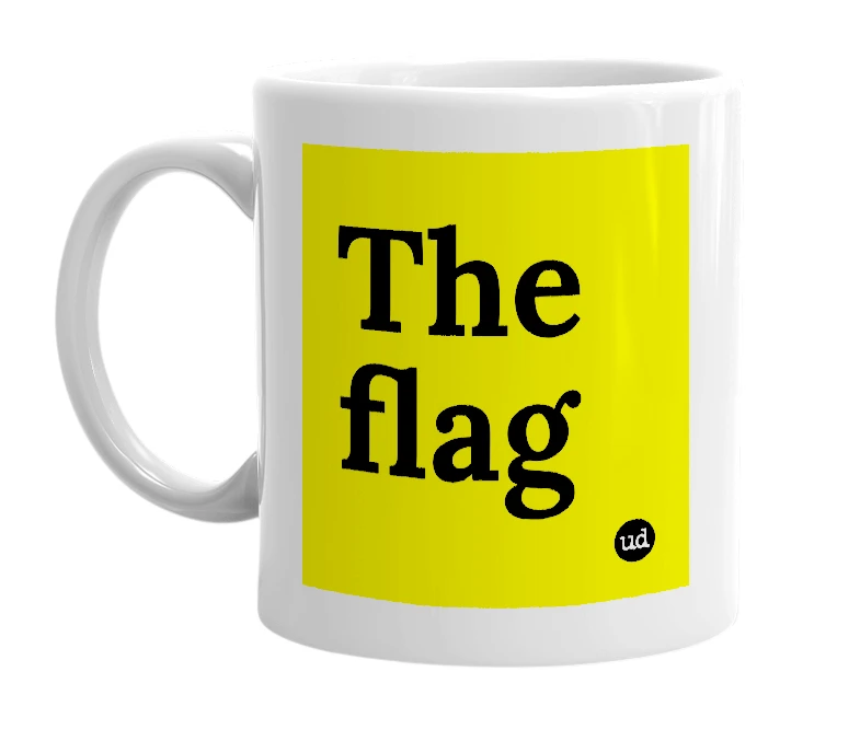 White mug with 'The flag' in bold black letters