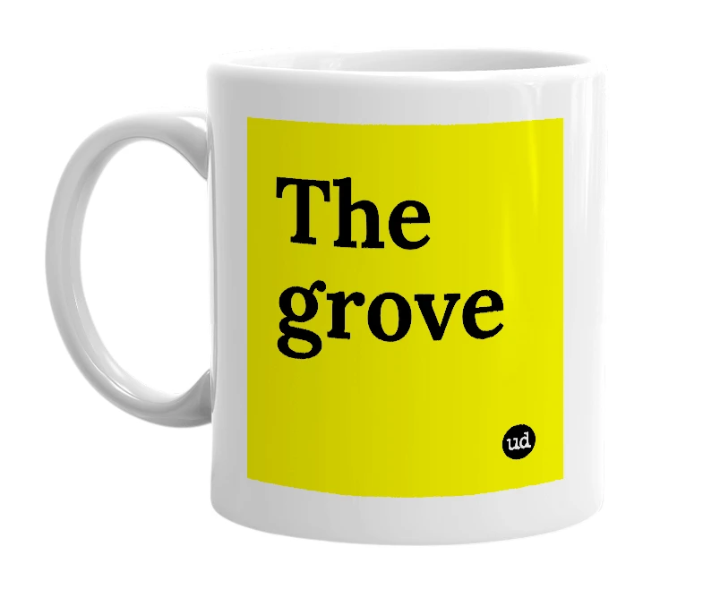 White mug with 'The grove' in bold black letters