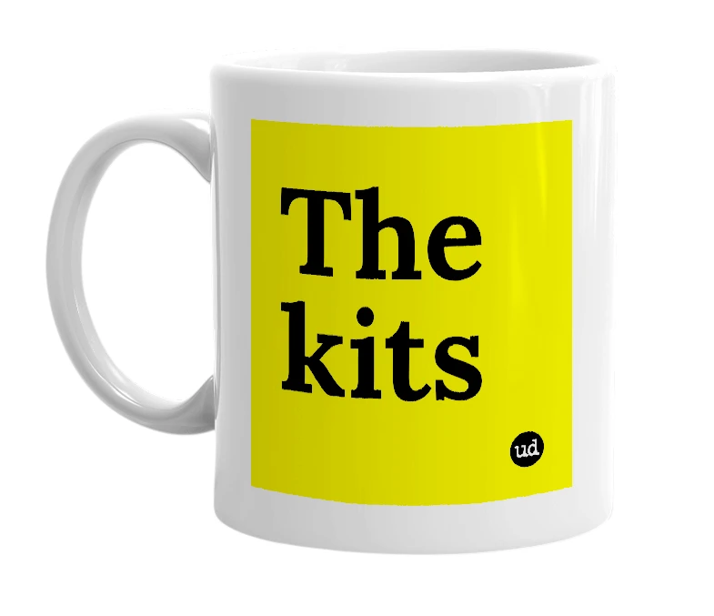 White mug with 'The kits' in bold black letters