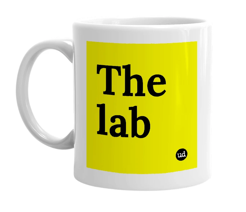 White mug with 'The lab' in bold black letters