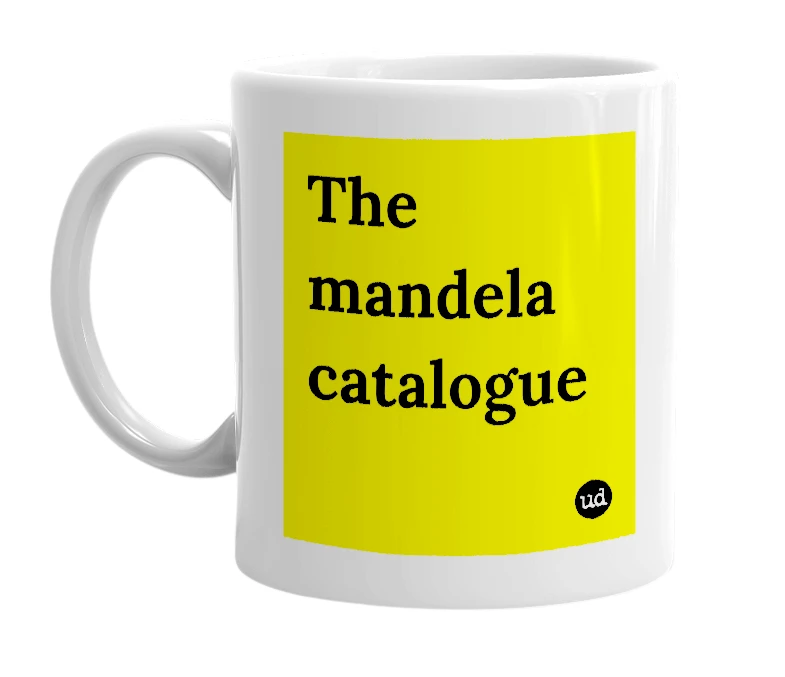White mug with 'The mandela catalogue' in bold black letters