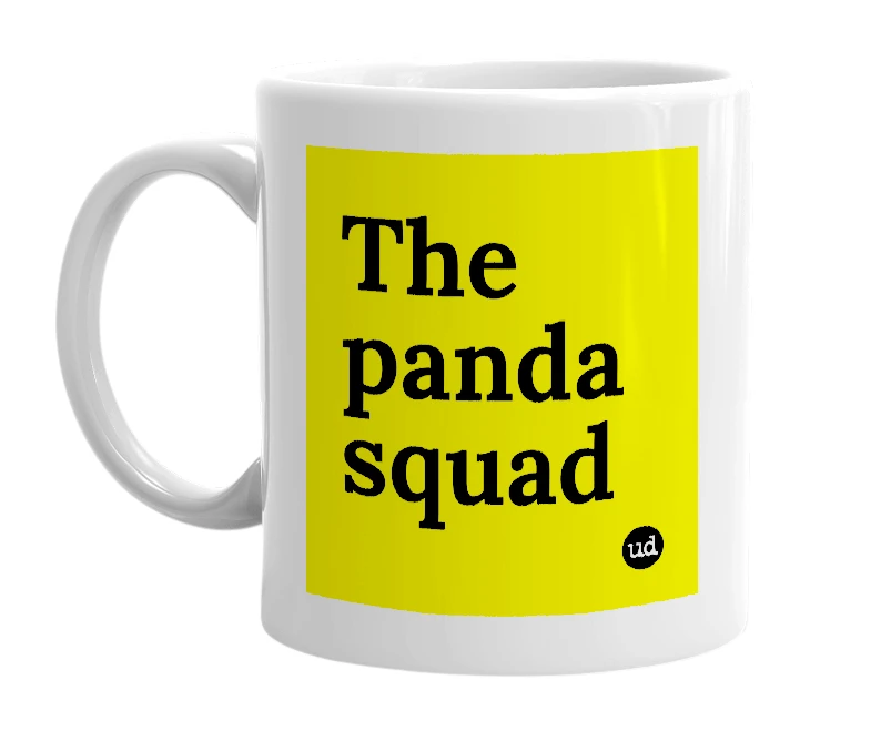White mug with 'The panda squad' in bold black letters