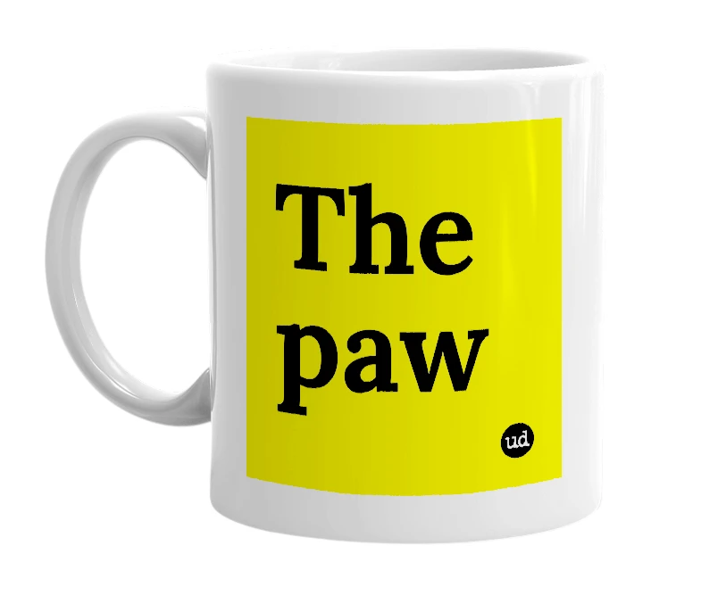 White mug with 'The paw' in bold black letters