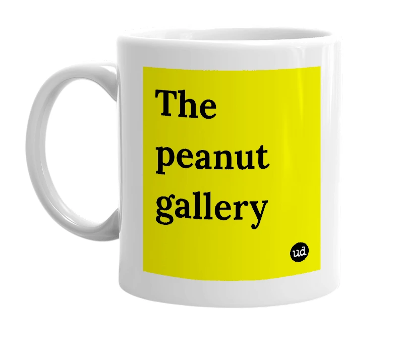 White mug with 'The peanut gallery' in bold black letters