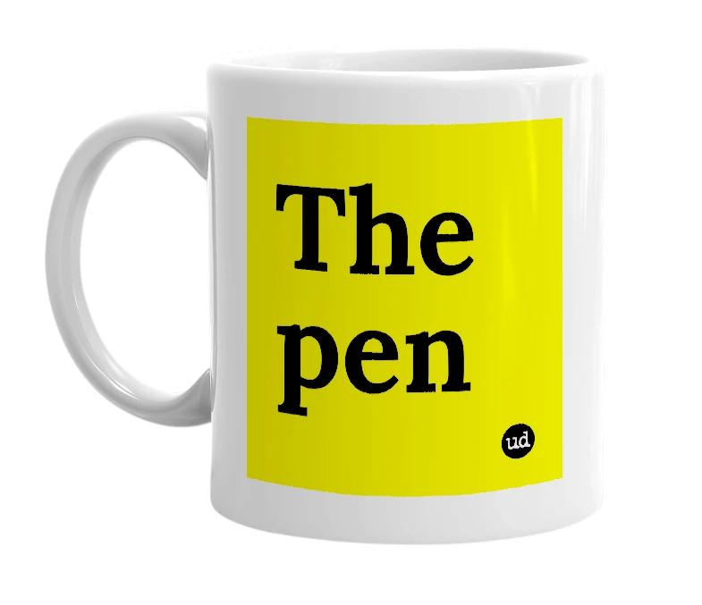 White mug with 'The pen' in bold black letters
