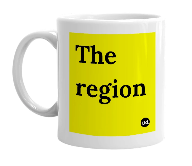 White mug with 'The region' in bold black letters