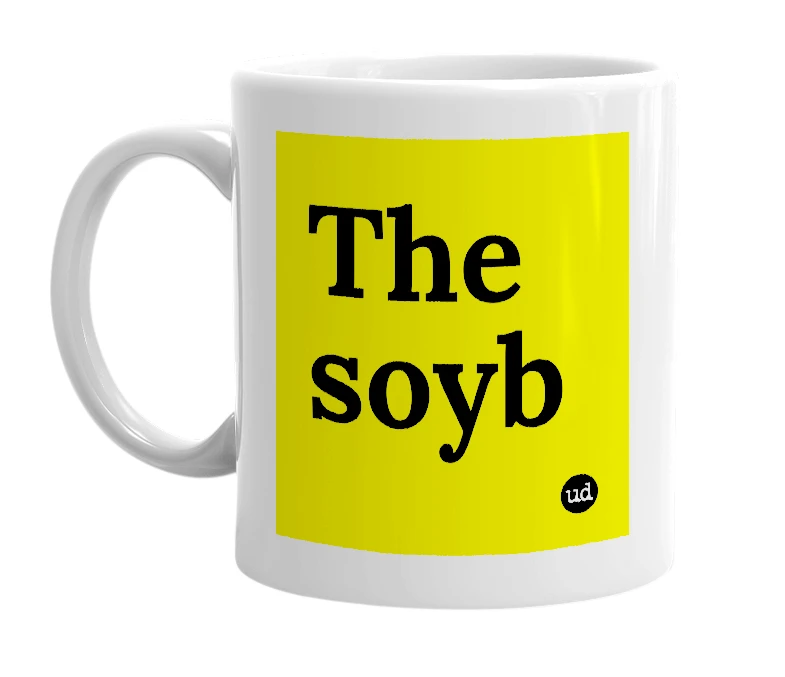 White mug with 'The soyb' in bold black letters