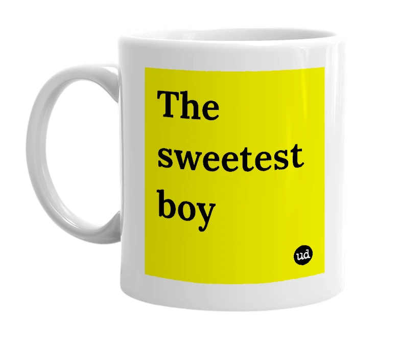 White mug with 'The sweetest boy' in bold black letters