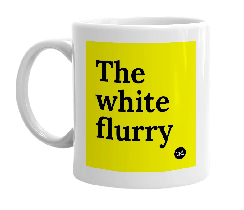 White mug with 'The white flurry' in bold black letters