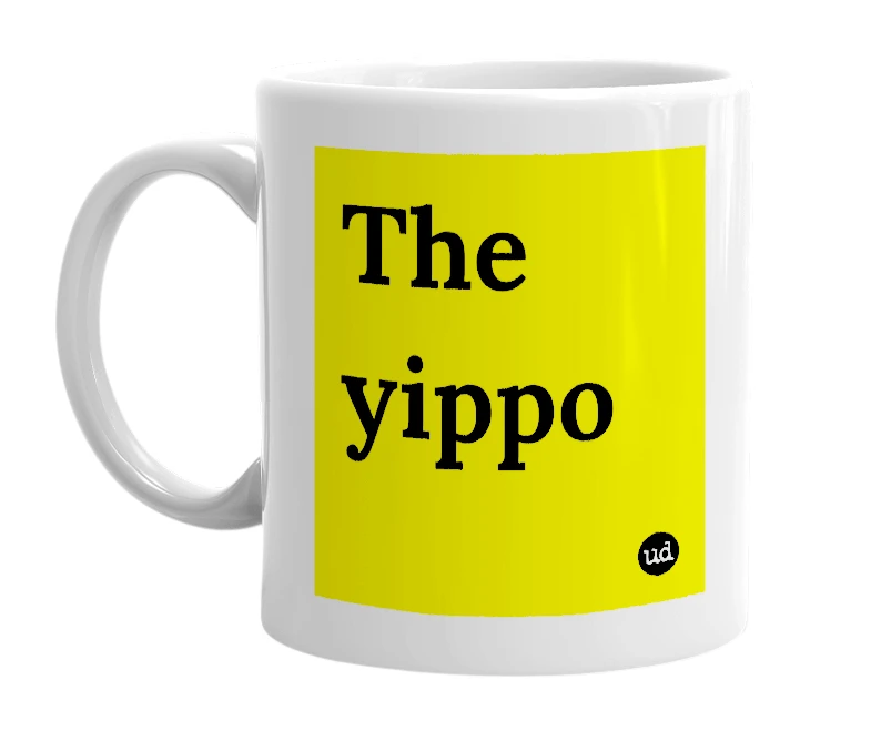 White mug with 'The yippo' in bold black letters