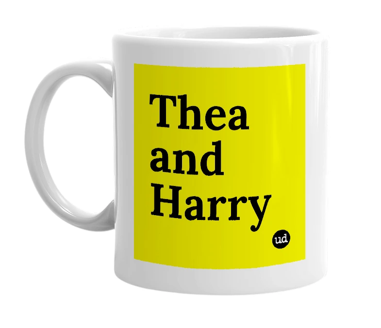 White mug with 'Thea and Harry' in bold black letters