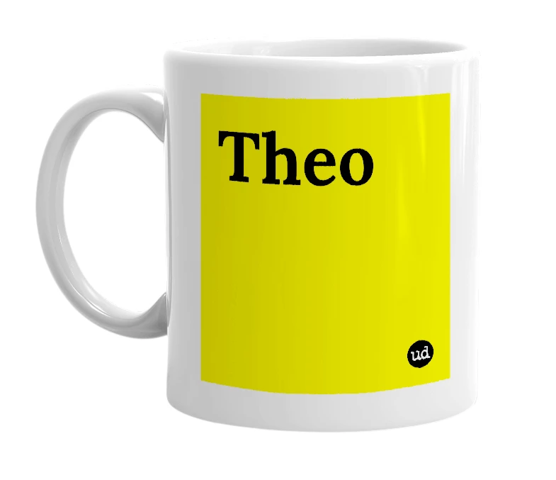 White mug with 'Theo' in bold black letters