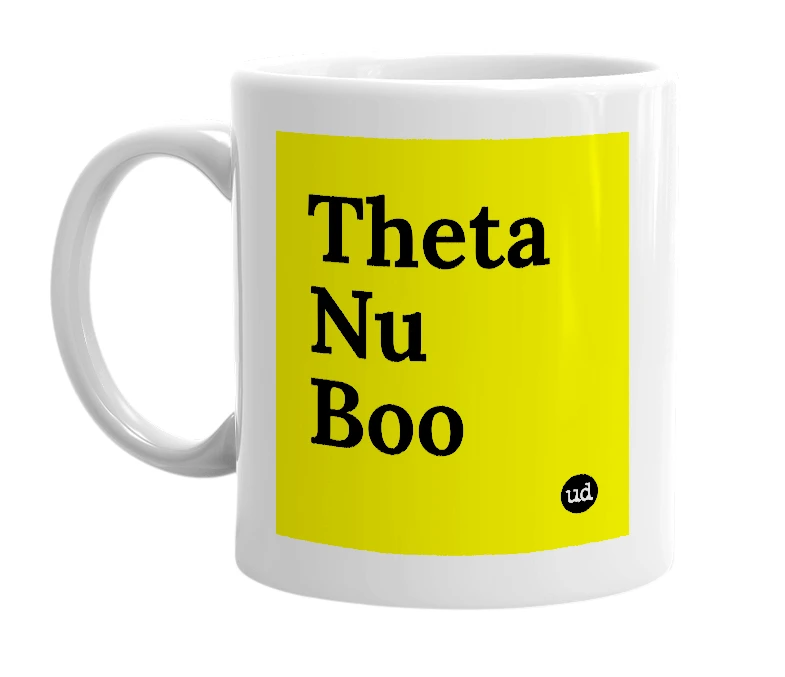 White mug with 'Theta Nu Boo' in bold black letters