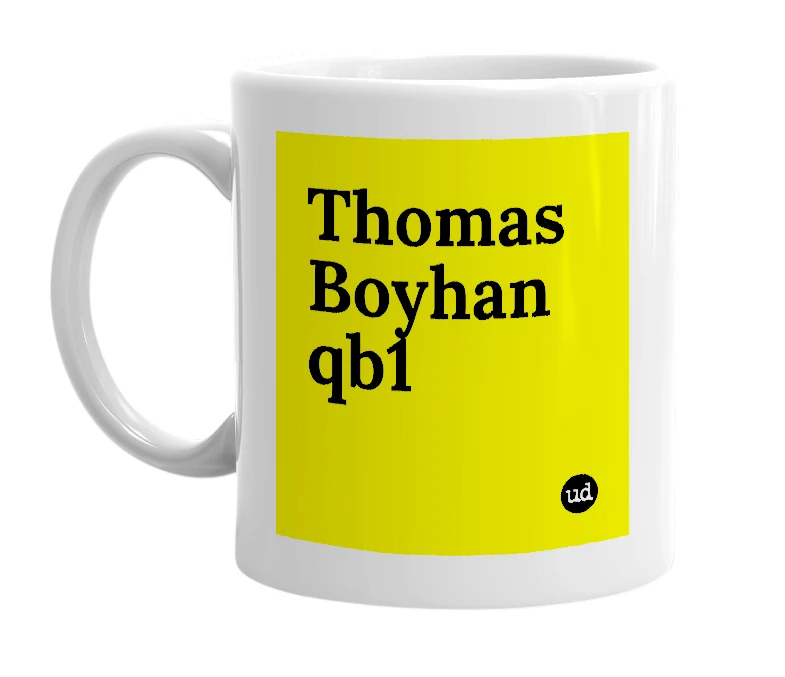 White mug with 'Thomas Boyhan qb1' in bold black letters