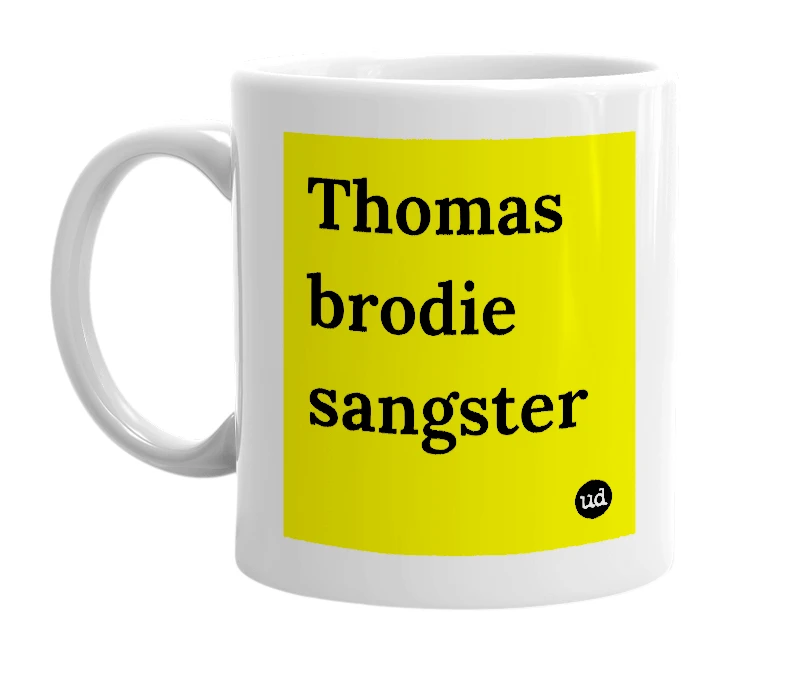 White mug with 'Thomas brodie sangster' in bold black letters