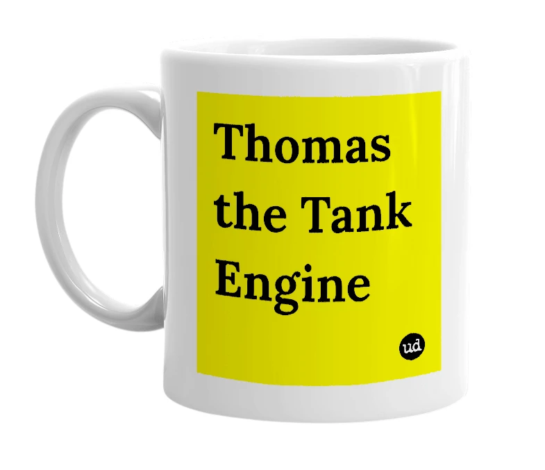 White mug with 'Thomas the Tank Engine' in bold black letters