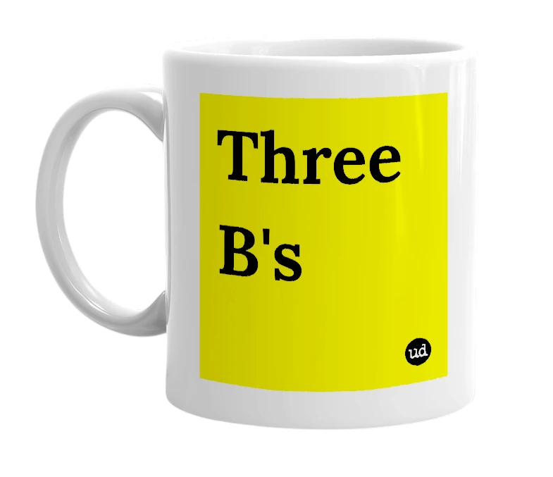 White mug with 'Three B's' in bold black letters