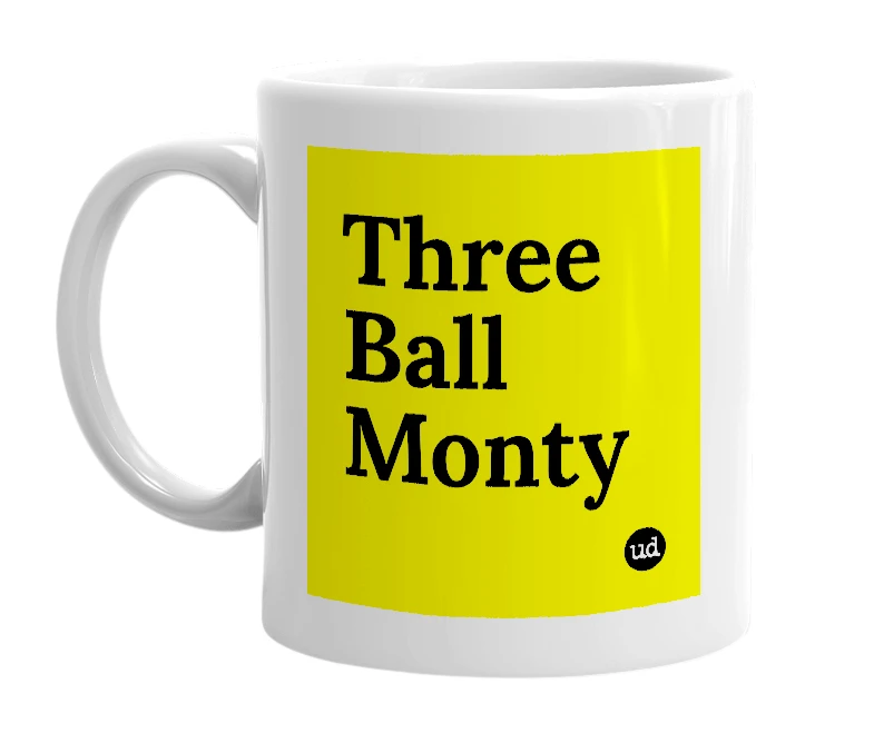 White mug with 'Three Ball Monty' in bold black letters