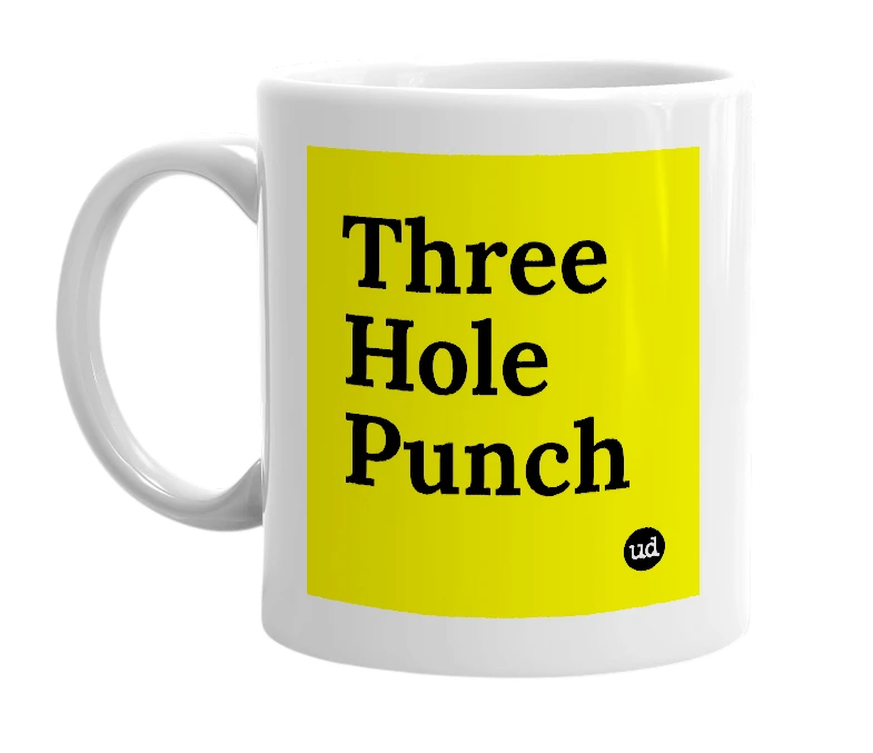 White mug with 'Three Hole Punch' in bold black letters