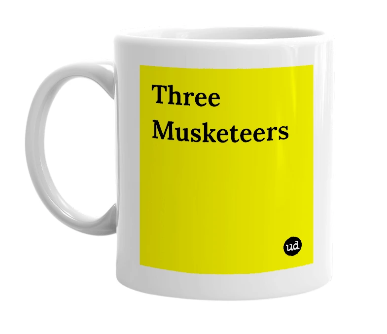White mug with 'Three Musketeers' in bold black letters