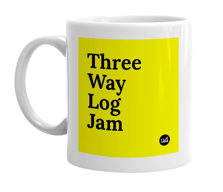 White mug with 'Three Way Log Jam' in bold black letters