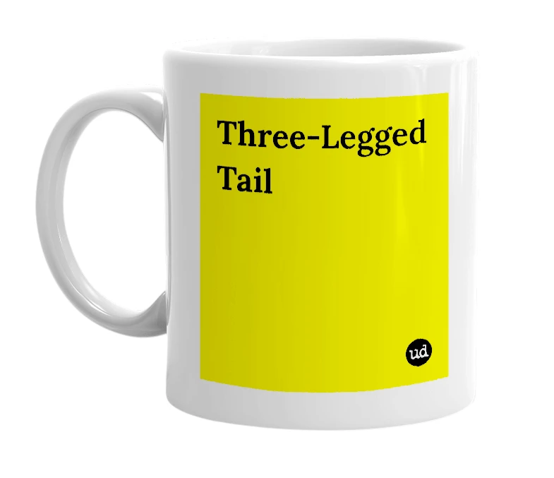 White mug with 'Three-Legged Tail' in bold black letters