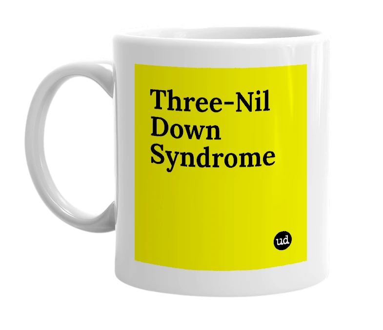 White mug with 'Three-Nil Down Syndrome' in bold black letters