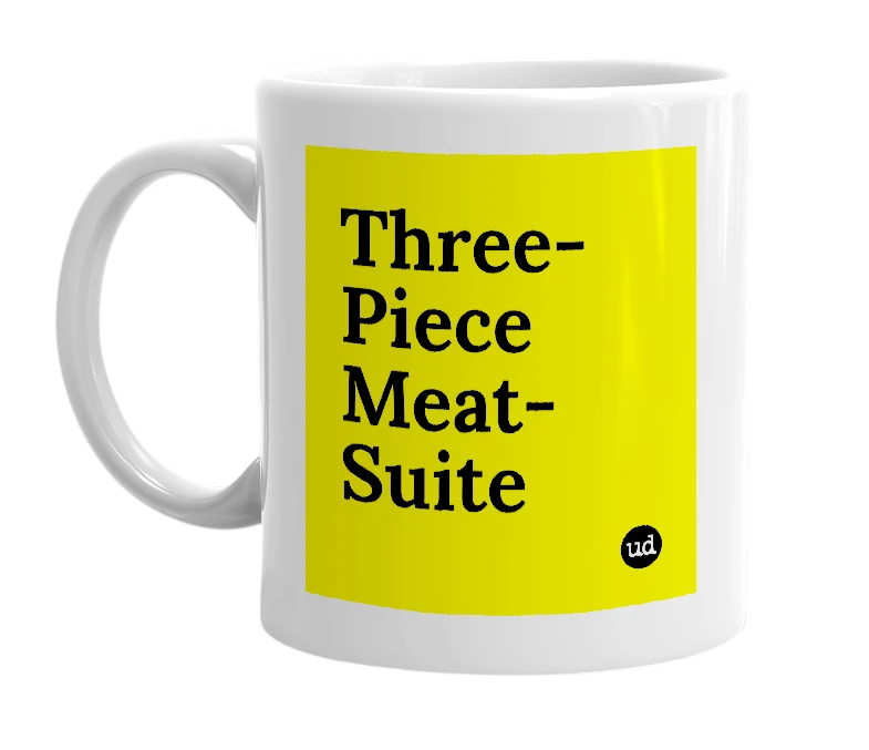 White mug with 'Three-Piece Meat-Suite' in bold black letters