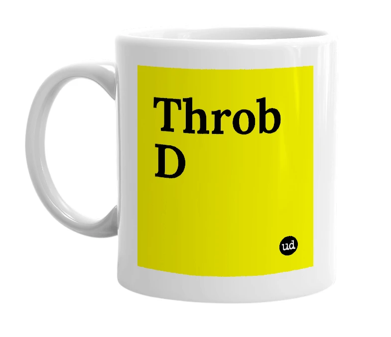 White mug with 'Throb D' in bold black letters