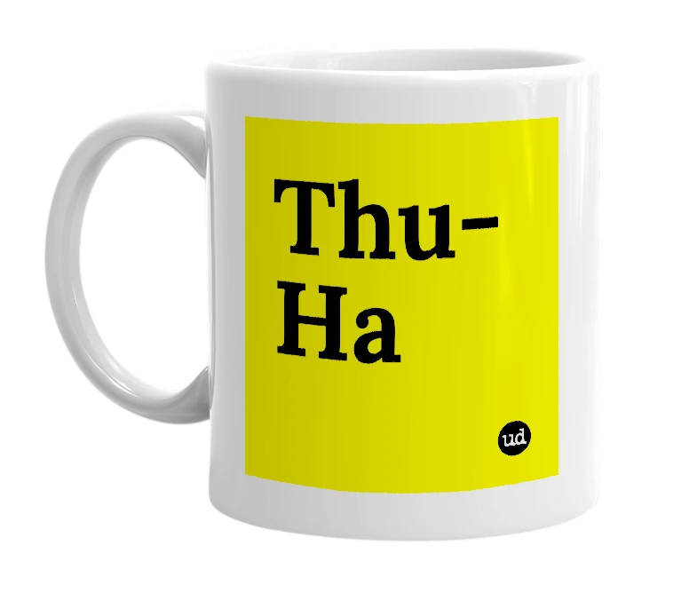 White mug with 'Thu-Ha' in bold black letters