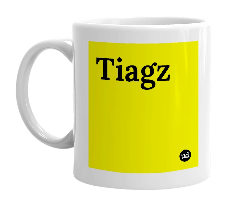 White mug with 'Tiagz' in bold black letters