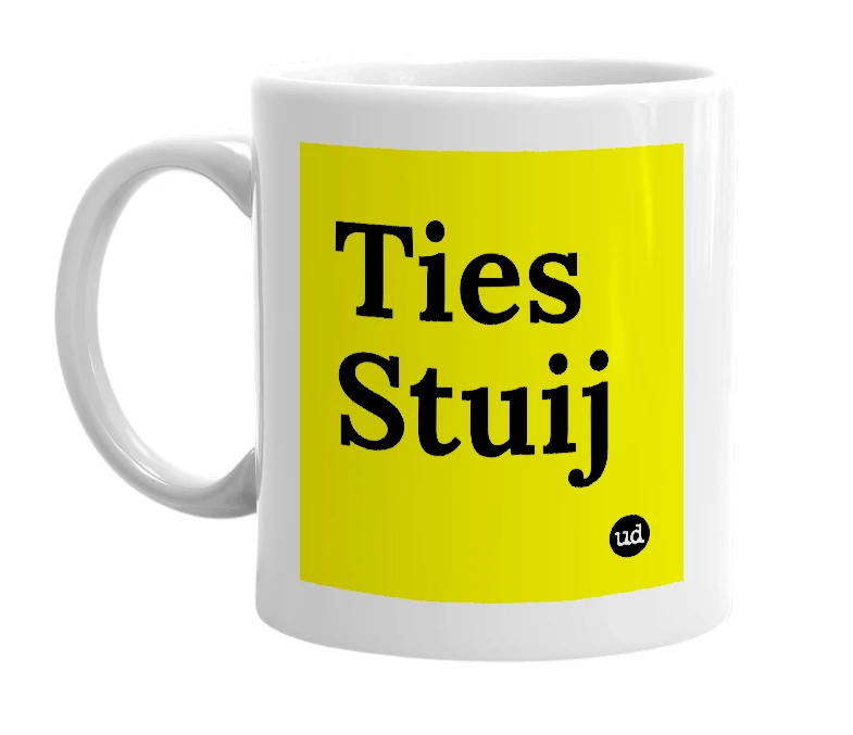 White mug with 'Ties Stuij' in bold black letters