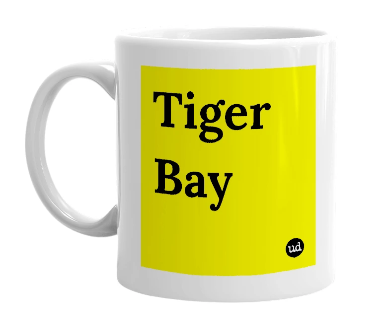 White mug with 'Tiger Bay' in bold black letters