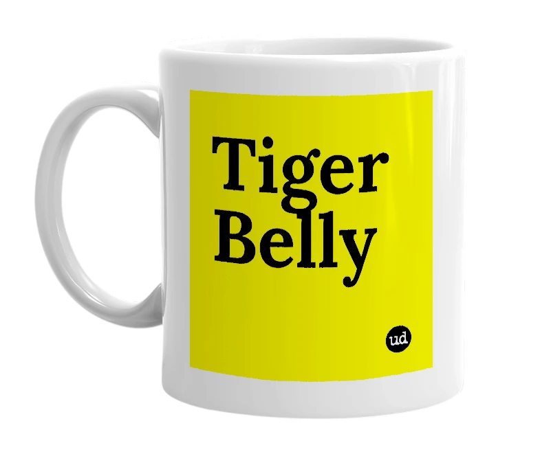 White mug with 'Tiger Belly' in bold black letters