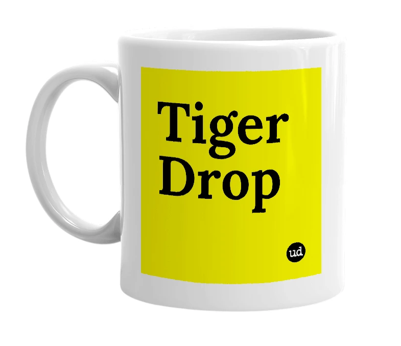 White mug with 'Tiger Drop' in bold black letters