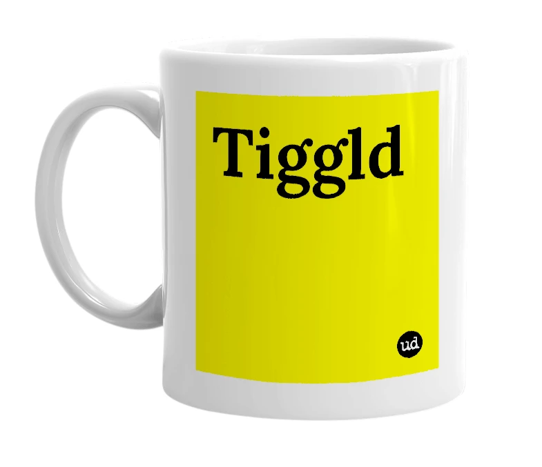 White mug with 'Tiggld' in bold black letters