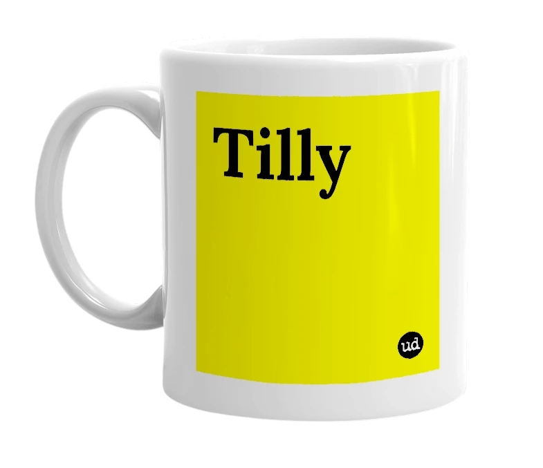 White mug with 'Tilly' in bold black letters