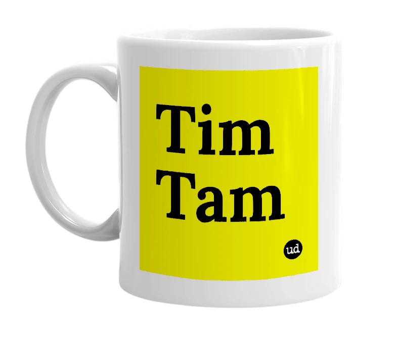 White mug with 'Tim Tam' in bold black letters