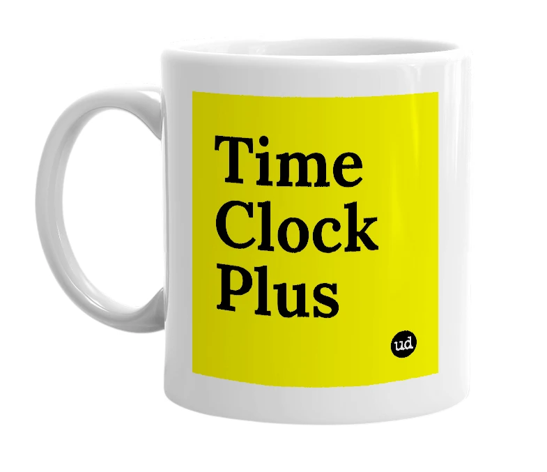 White mug with 'Time Clock Plus' in bold black letters