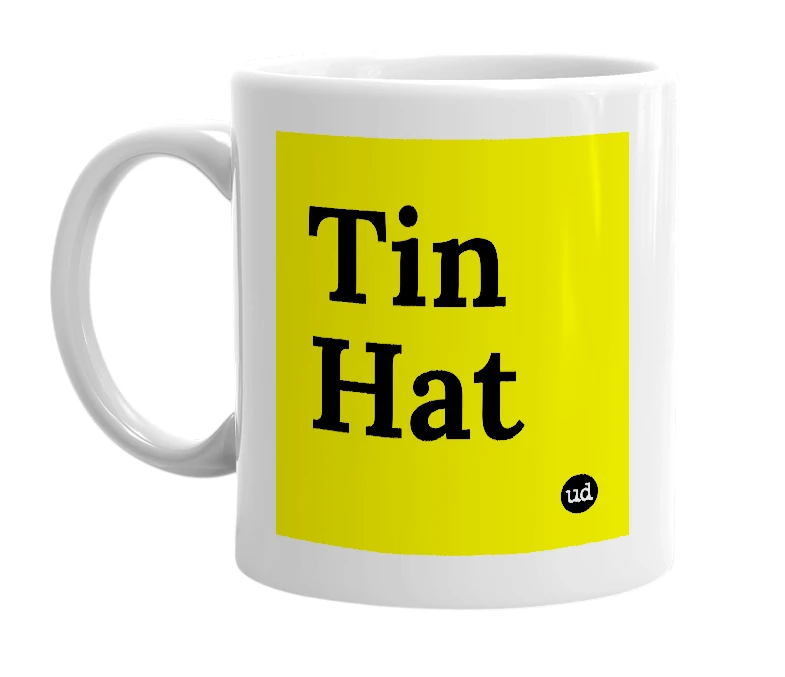 White mug with 'Tin Hat' in bold black letters