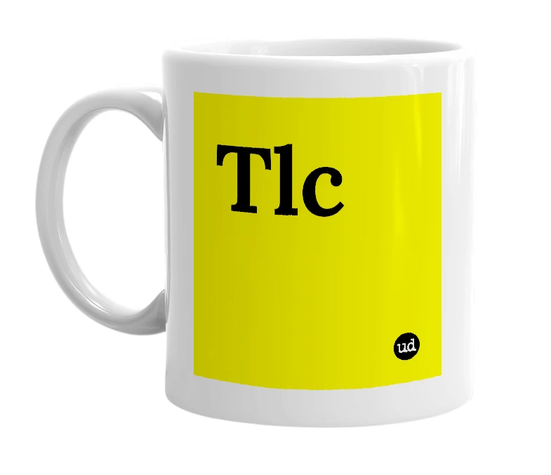 White mug with 'Tlc' in bold black letters